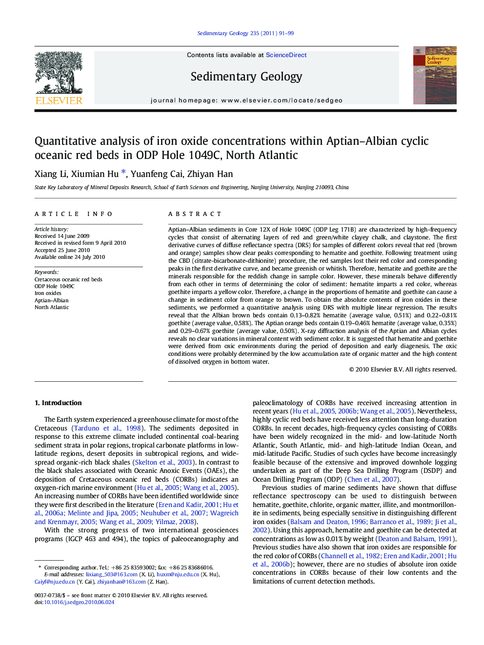 Quantitative analysis of iron oxide concentrations within Aptian-Albian cyclic oceanic red beds in ODP Hole 1049C, North Atlantic