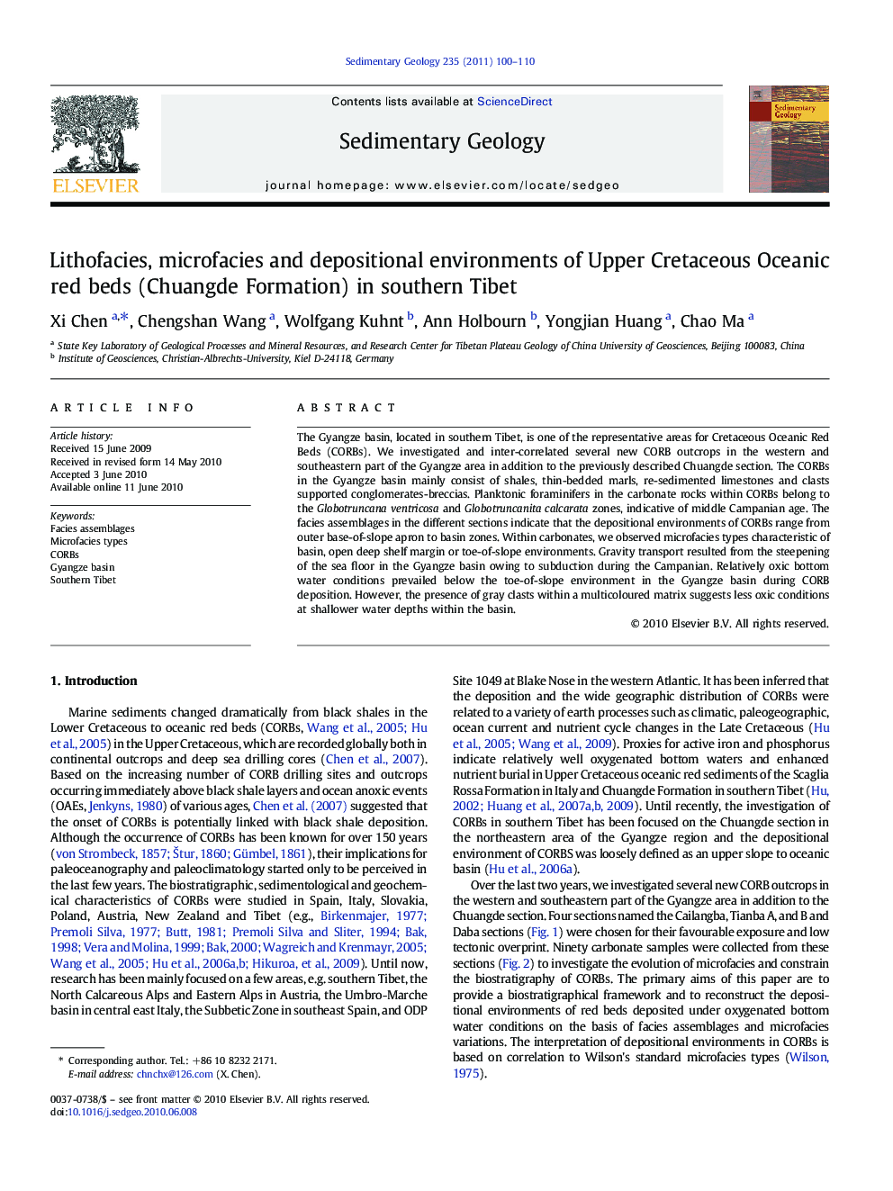 Lithofacies, microfacies and depositional environments of Upper Cretaceous Oceanic red beds (Chuangde Formation) in southern Tibet