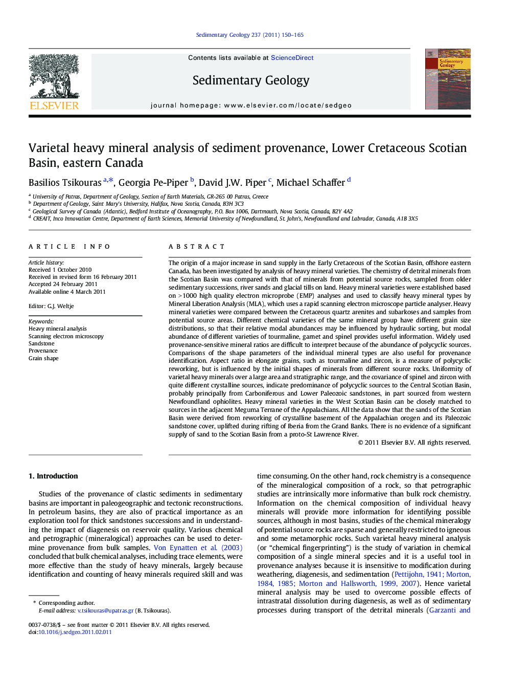 عکس صفحه اول مقاله: Varietal heavy mineral analysis of sediment provenance, Lower Cretaceous Scotian Basin, eastern Canada Varietal heavy mineral analysis of sediment provenance, Lower Cretaceous Scotian Basin, eastern Canada