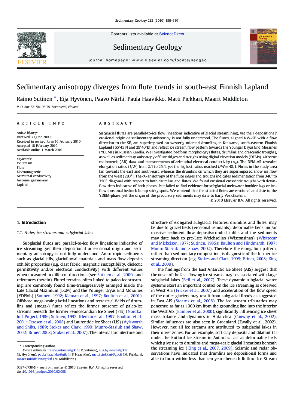 Sedimentary anisotropy diverges from flute trends in south-east Finnish Lapland