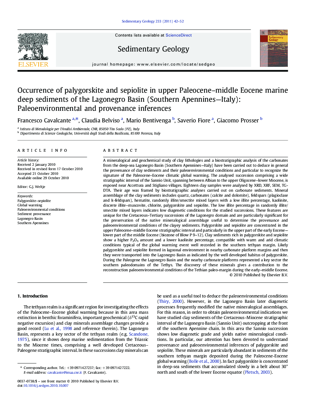 Occurrence of palygorskite and sepiolite in upper Paleocene–middle Eocene marine deep sediments of the Lagonegro Basin (Southern Apennines—Italy): Paleoenvironmental and provenance inferences