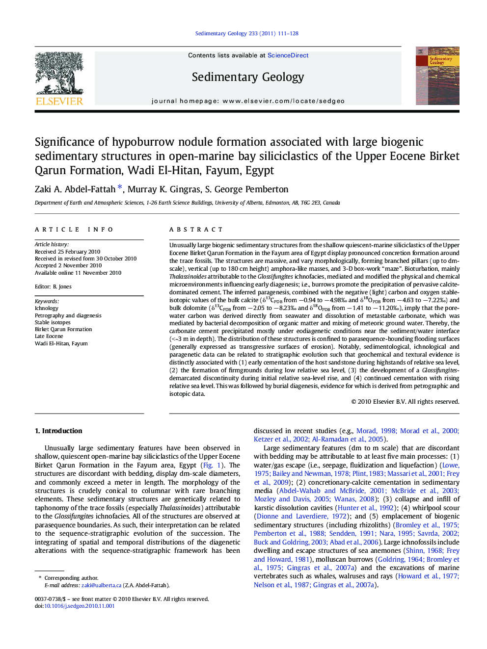 Significance of hypoburrow nodule formation associated with large biogenic sedimentary structures in open-marine bay siliciclastics of the Upper Eocene Birket Qarun Formation, Wadi El-Hitan, Fayum, Egypt