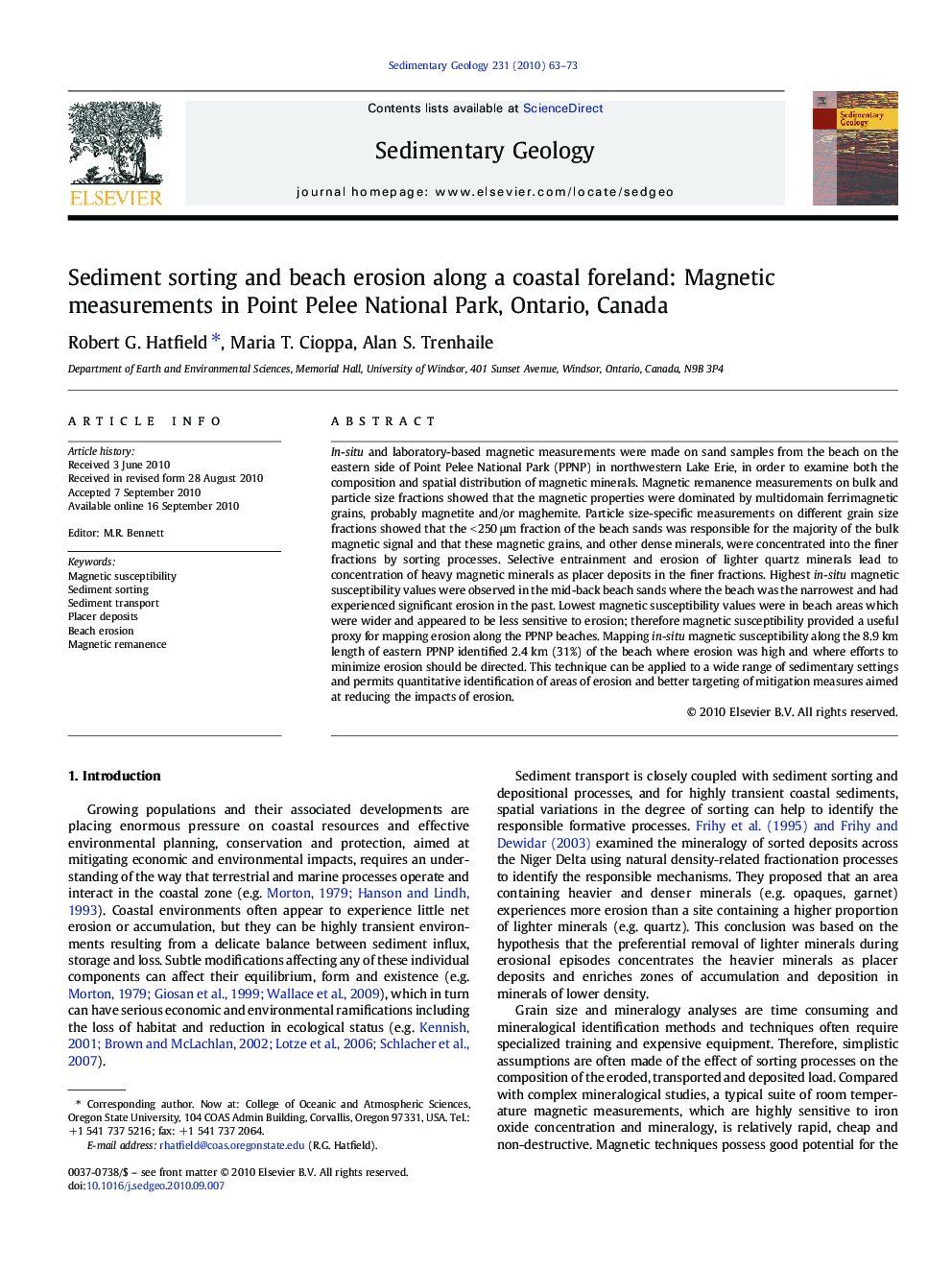 Sediment sorting and beach erosion along a coastal foreland: Magnetic measurements in Point Pelee National Park, Ontario, Canada