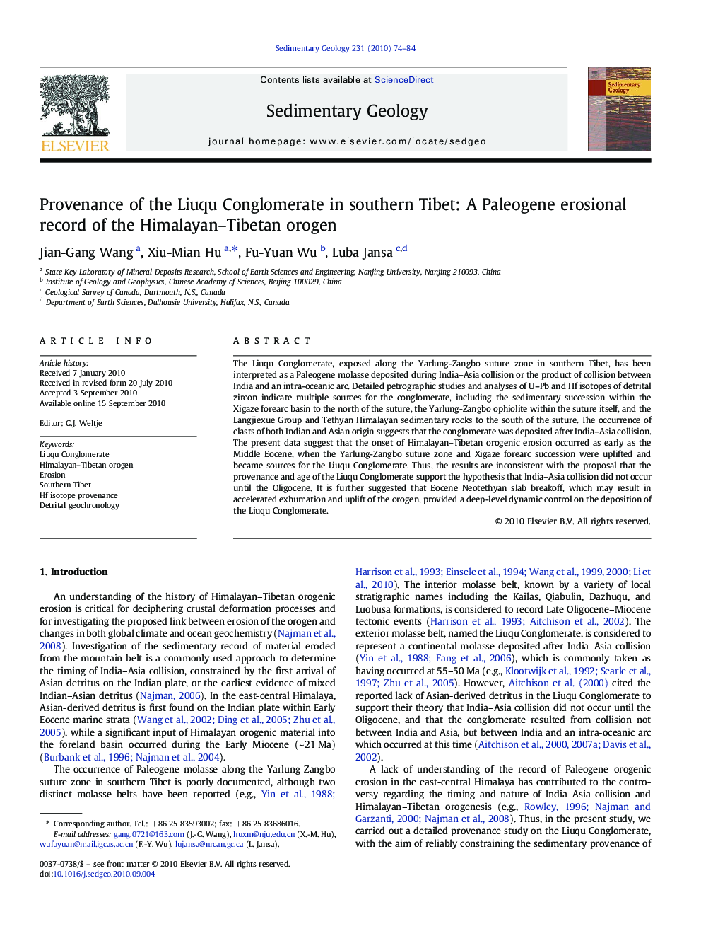 Provenance of the Liuqu Conglomerate in southern Tibet: A Paleogene erosional record of the Himalayan–Tibetan orogen