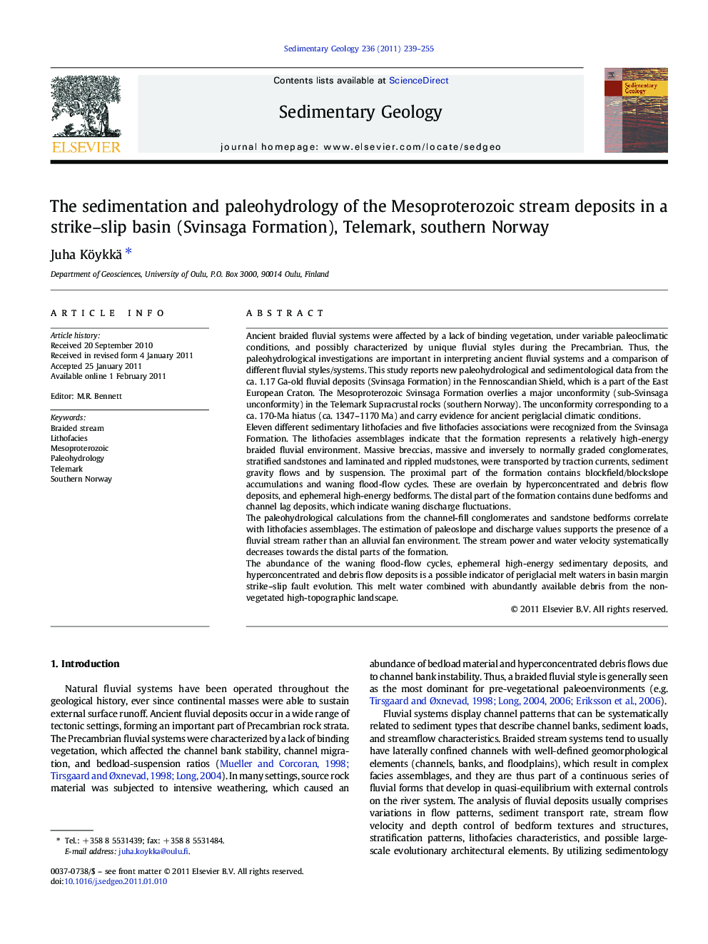 The sedimentation and paleohydrology of the Mesoproterozoic stream deposits in a strike–slip basin (Svinsaga Formation), Telemark, southern Norway