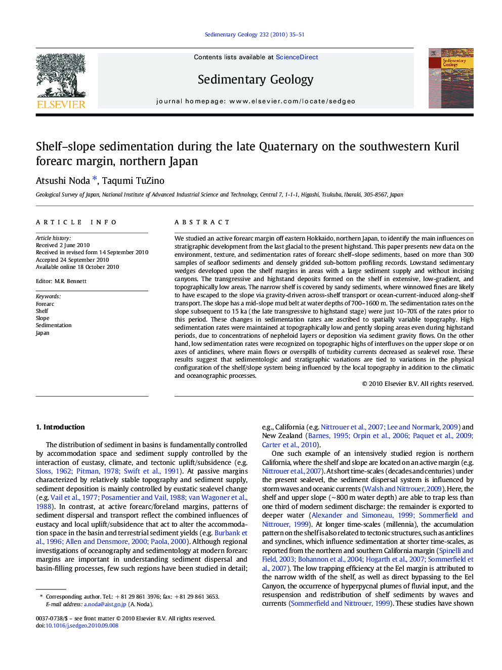 Shelf–slope sedimentation during the late Quaternary on the southwestern Kuril forearc margin, northern Japan