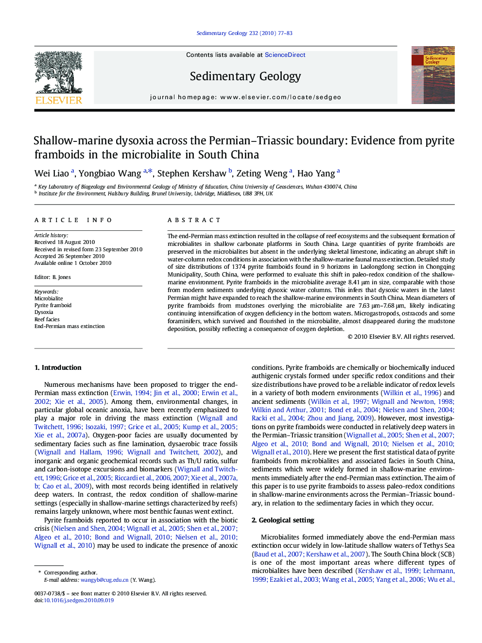 Shallow-marine dysoxia across the Permian–Triassic boundary: Evidence from pyrite framboids in the microbialite in South China