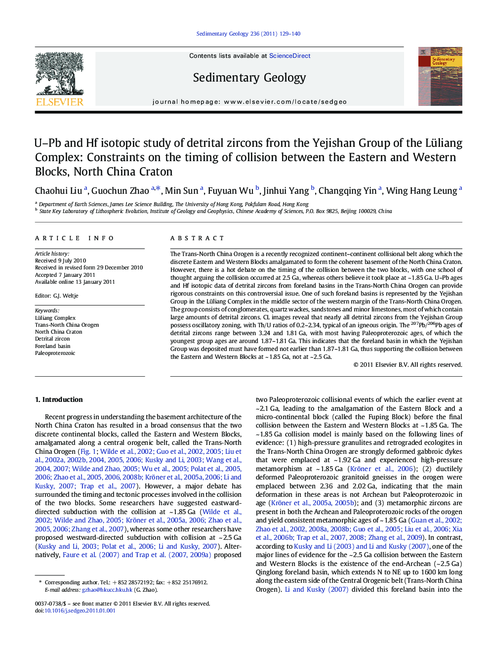 U–Pb and Hf isotopic study of detrital zircons from the Yejishan Group of the Lüliang Complex: Constraints on the timing of collision between the Eastern and Western Blocks, North China Craton