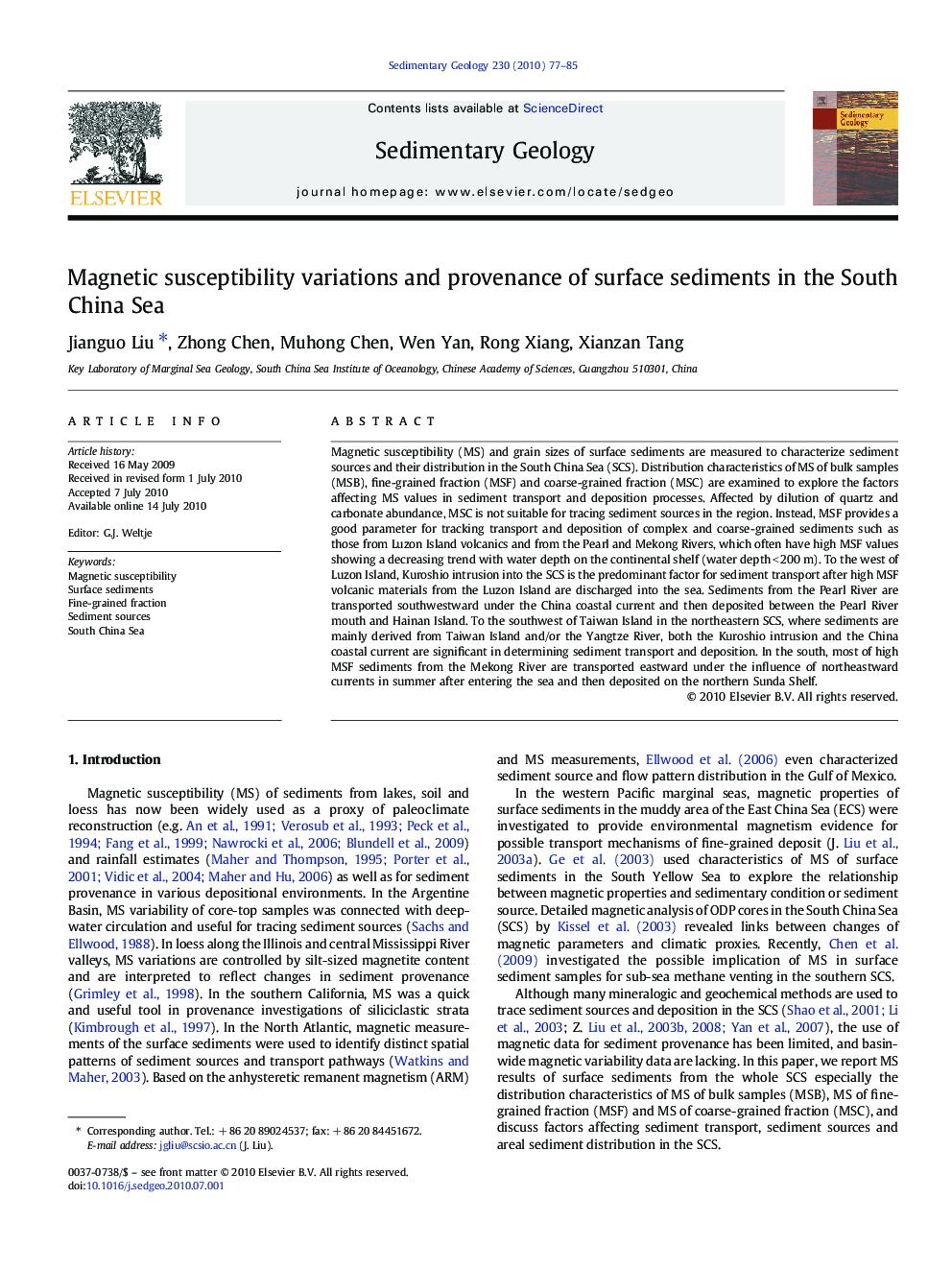 Magnetic susceptibility variations and provenance of surface sediments in the South China Sea