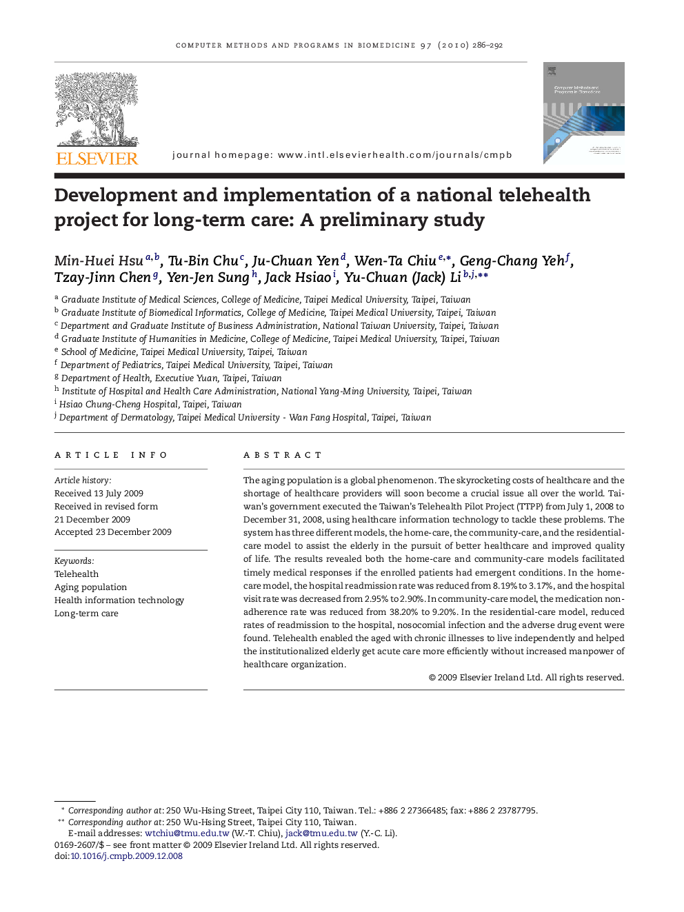 Development and implementation of a national telehealth project for long-term care: A preliminary study