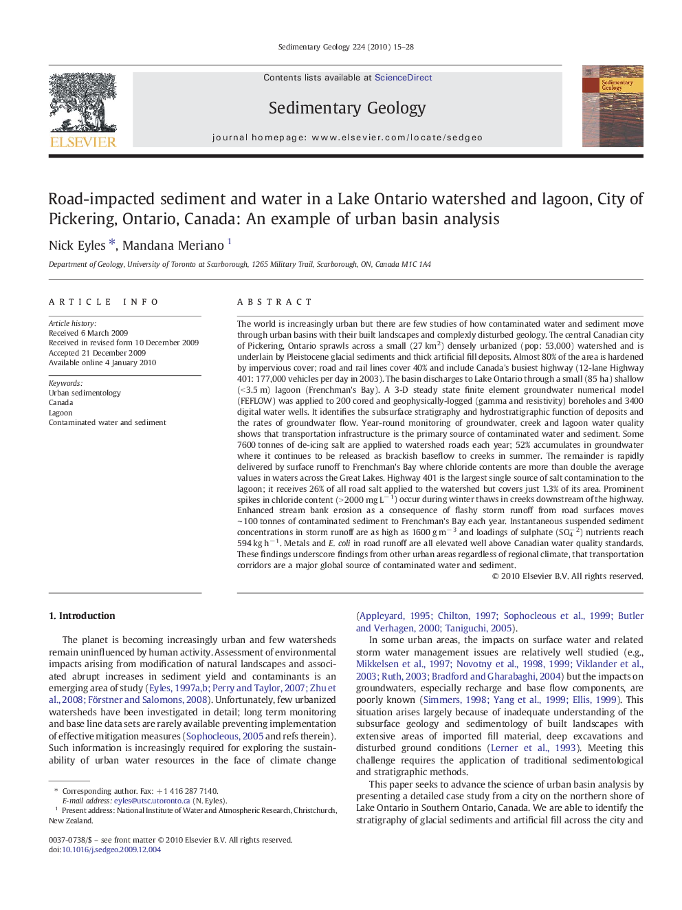 Road-impacted sediment and water in a Lake Ontario watershed and lagoon, City of Pickering, Ontario, Canada: An example of urban basin analysis