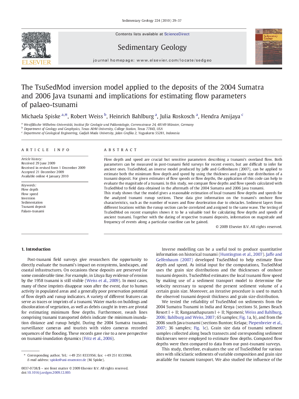 The TsuSedMod inversion model applied to the deposits of the 2004 Sumatra and 2006 Java tsunami and implications for estimating flow parameters of palaeo-tsunami