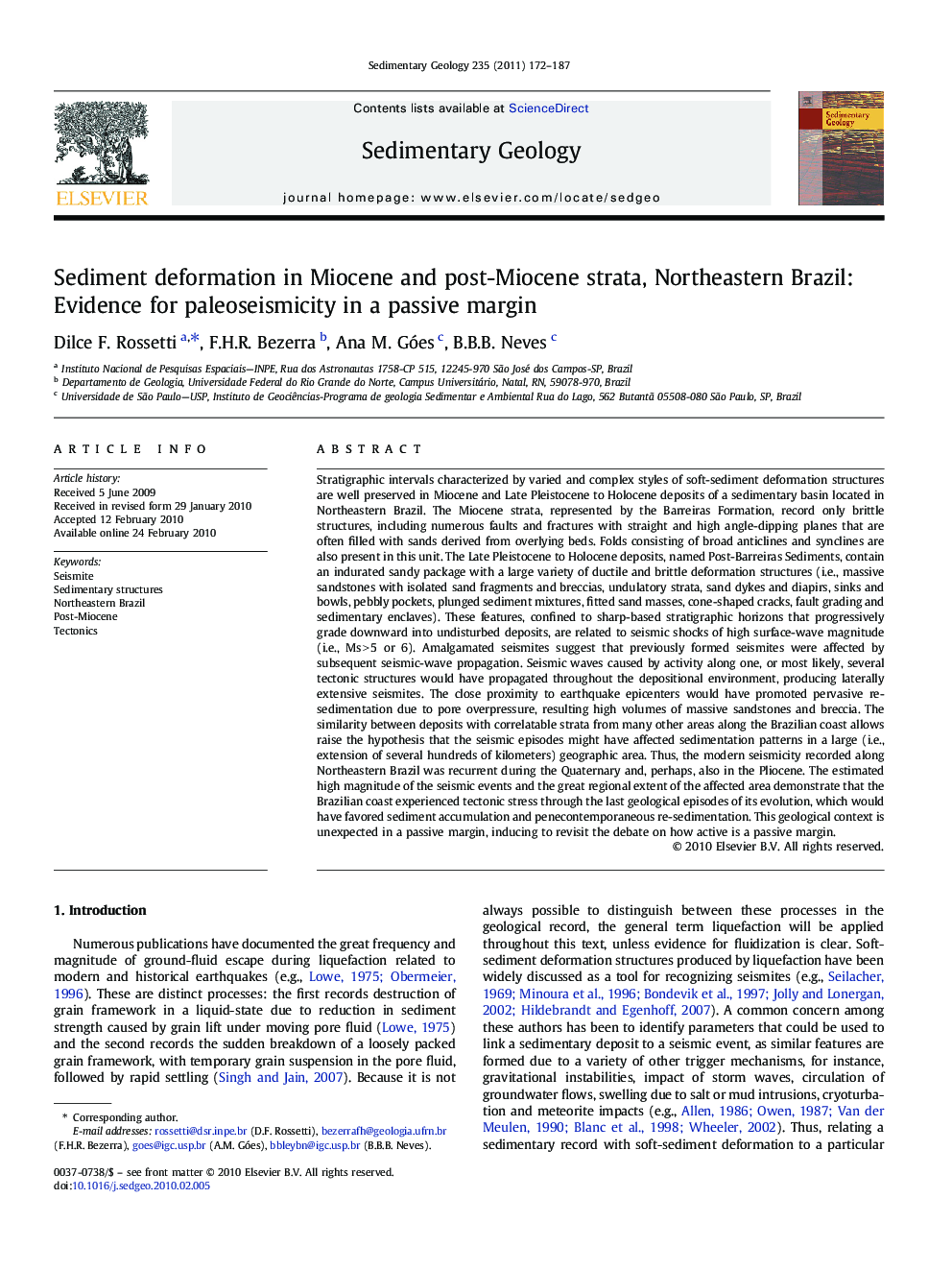 Sediment deformation in Miocene and post-Miocene strata, Northeastern Brazil: Evidence for paleoseismicity in a passive margin