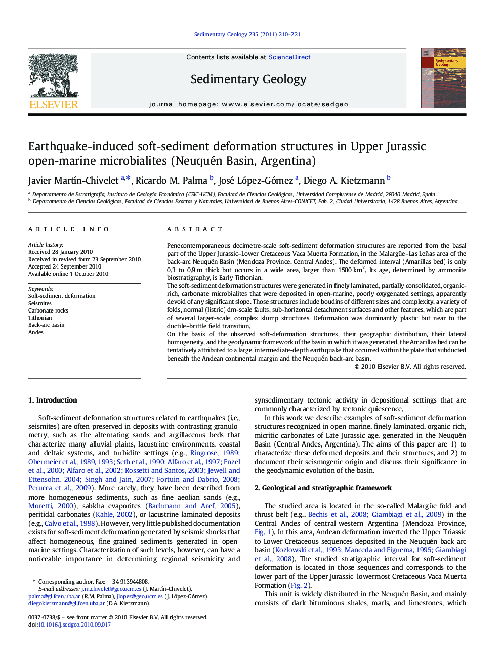 Earthquake-induced soft-sediment deformation structures in Upper Jurassic open-marine microbialites (Neuquén Basin, Argentina)