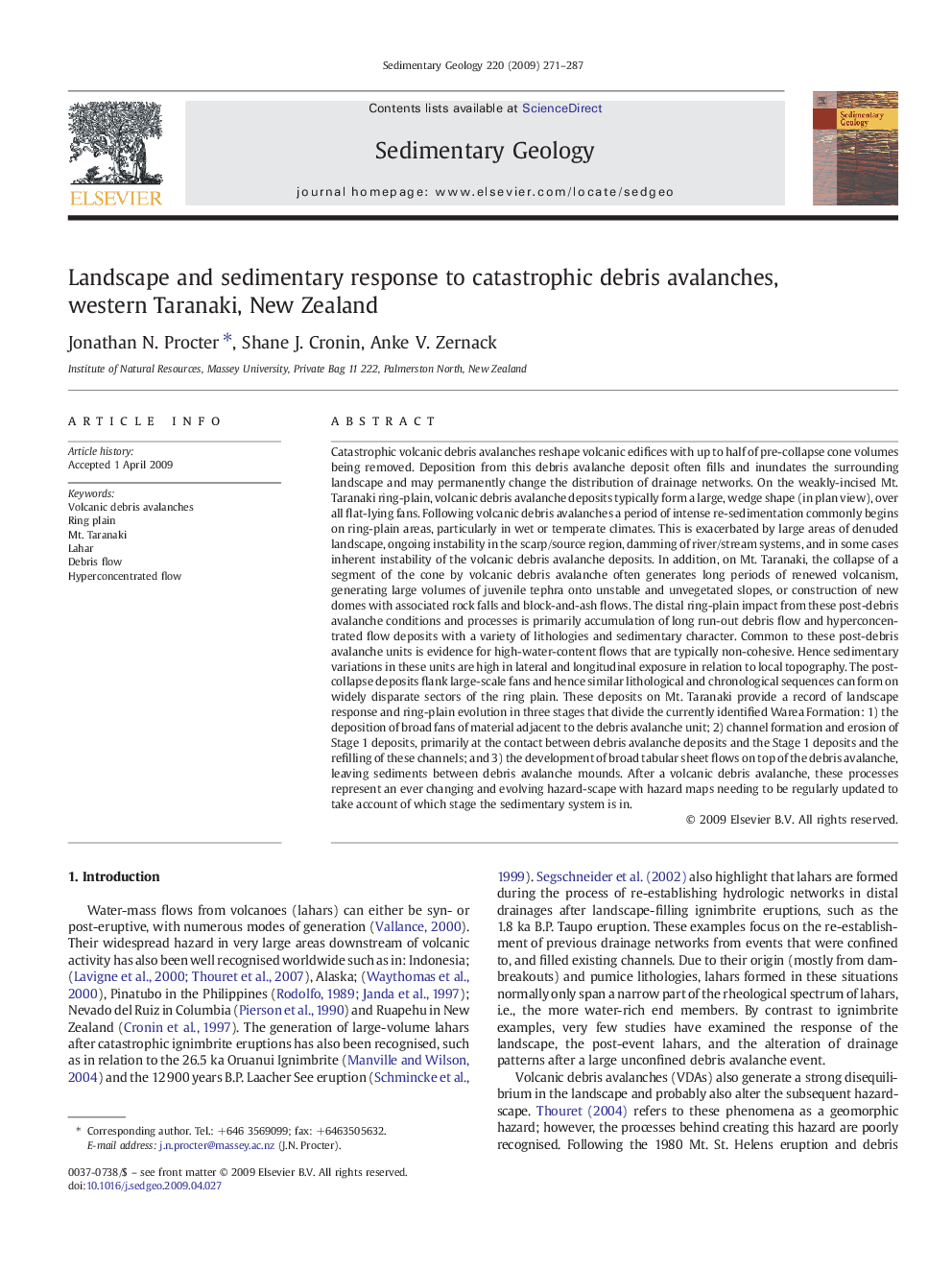 Landscape and sedimentary response to catastrophic debris avalanches, western Taranaki, New Zealand