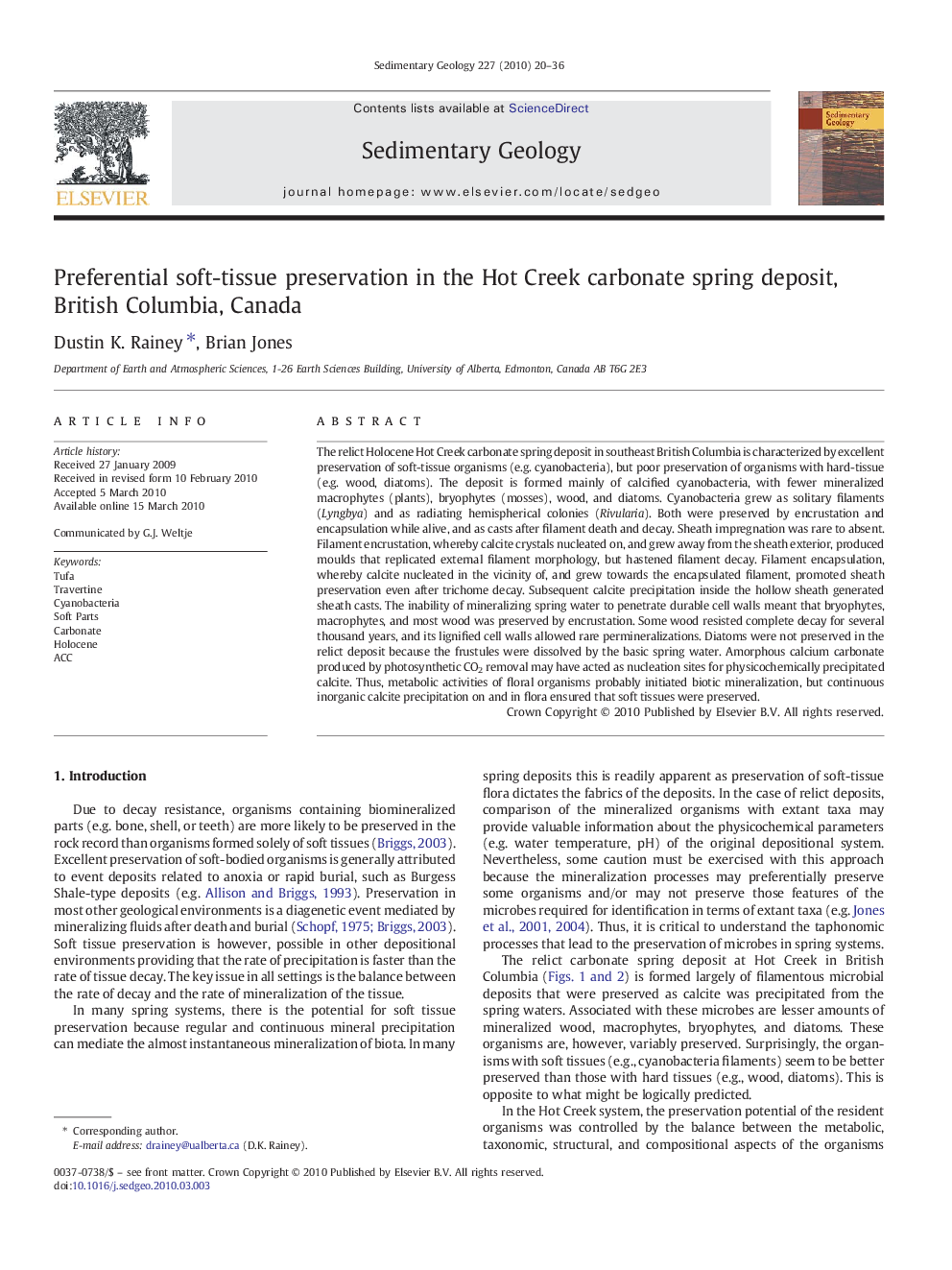 Preferential soft-tissue preservation in the Hot Creek carbonate spring deposit, British Columbia, Canada