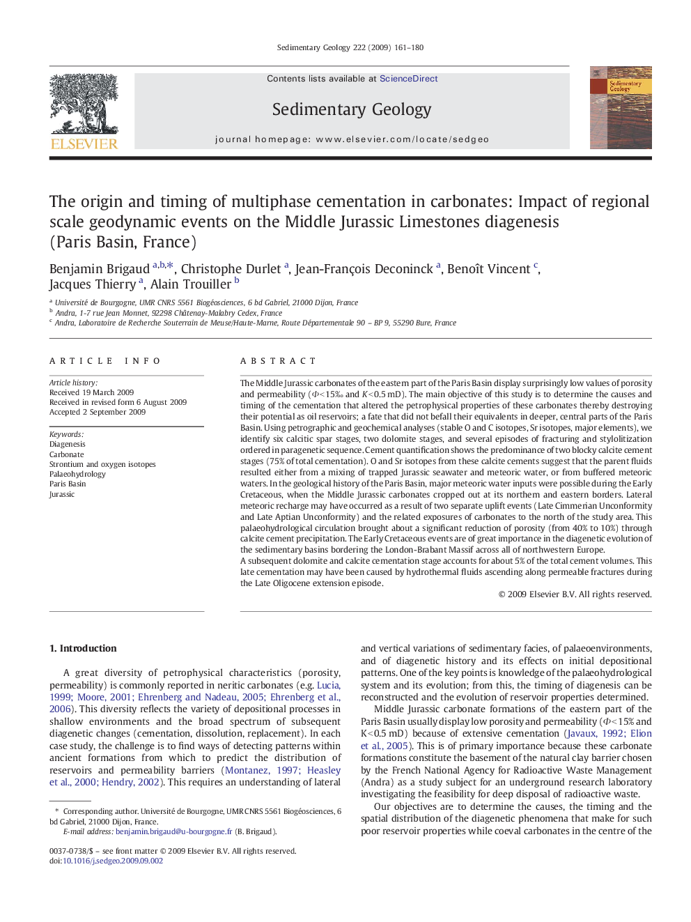 The origin and timing of multiphase cementation in carbonates: Impact of regional scale geodynamic events on the Middle Jurassic Limestones diagenesis (Paris Basin, France)