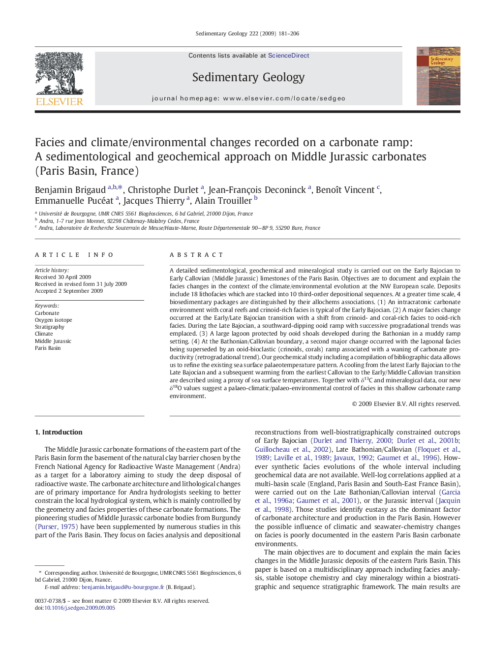 Facies and climate/environmental changes recorded on a carbonate ramp: A sedimentological and geochemical approach on Middle Jurassic carbonates (Paris Basin, France)