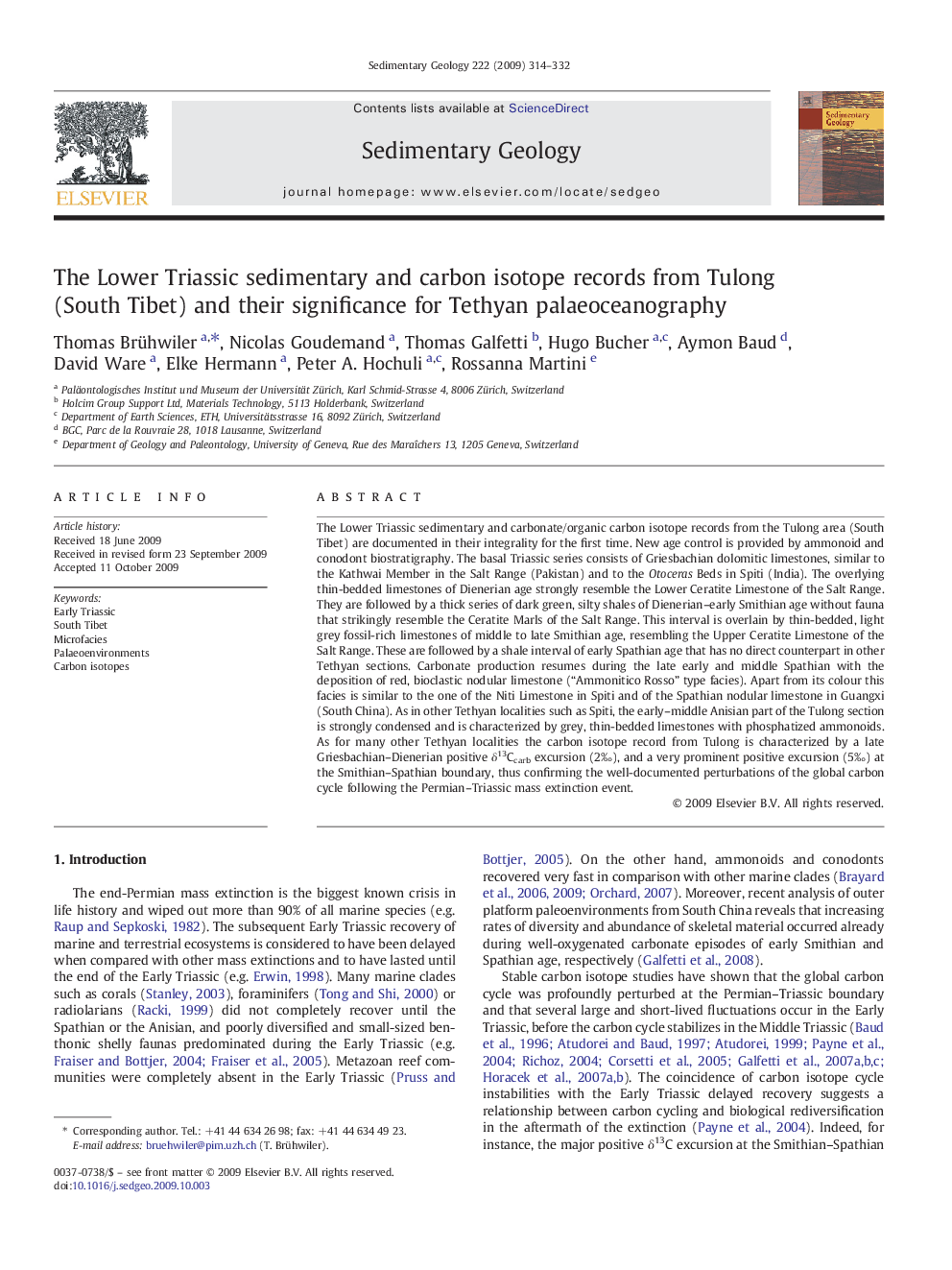 The Lower Triassic sedimentary and carbon isotope records from Tulong (South Tibet) and their significance for Tethyan palaeoceanography