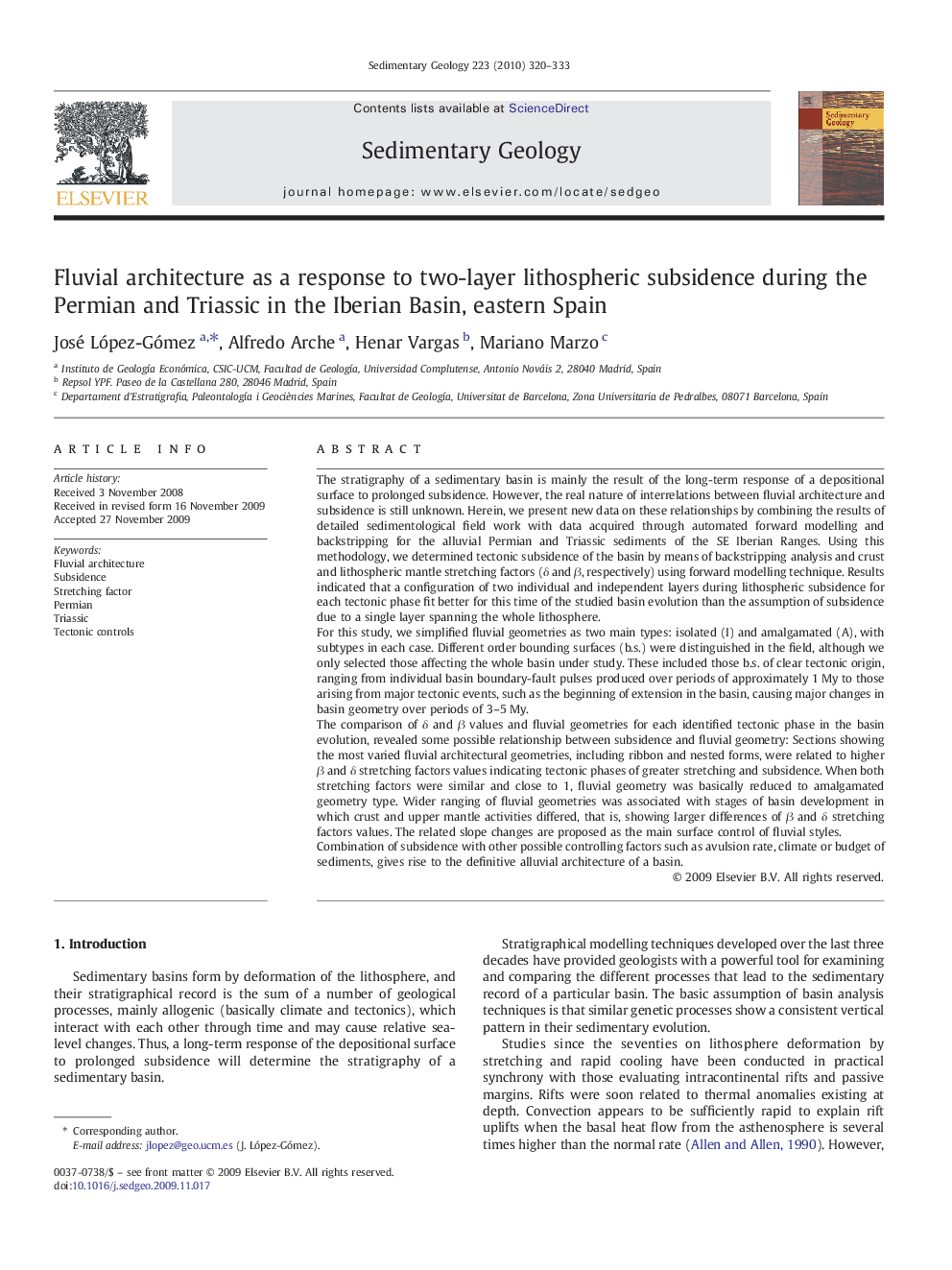 عکس صفحه اول مقاله: Fluvial architecture as a response to two-layer lithospheric subsidence during the Permian and Triassic in the Iberian Basin, eastern Spain Fluvial architecture as a response to two-layer lithospheric subsidence during the Permian and Triassic in the Iberian Basin, eastern Spain