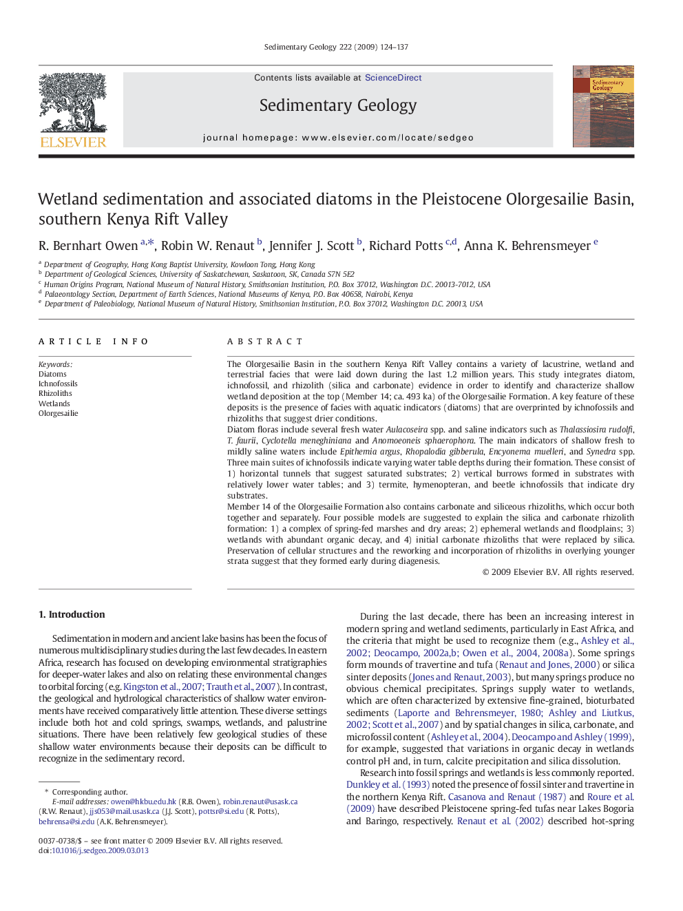 Wetland sedimentation and associated diatoms in the Pleistocene Olorgesailie Basin, southern Kenya Rift Valley