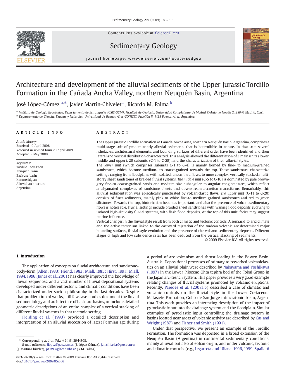 Architecture and development of the alluvial sediments of the Upper Jurassic Tordillo Formation in the Cañada Ancha Valley, northern Neuquén Basin, Argentina