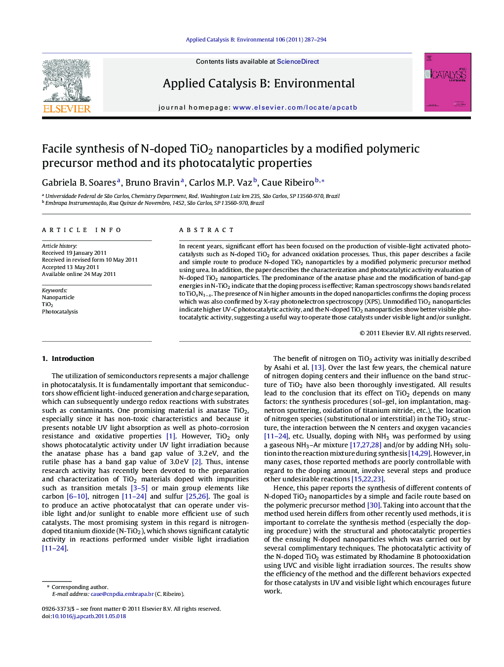 Facile synthesis of N-doped TiO2 nanoparticles by a modified polymeric precursor method and its photocatalytic properties