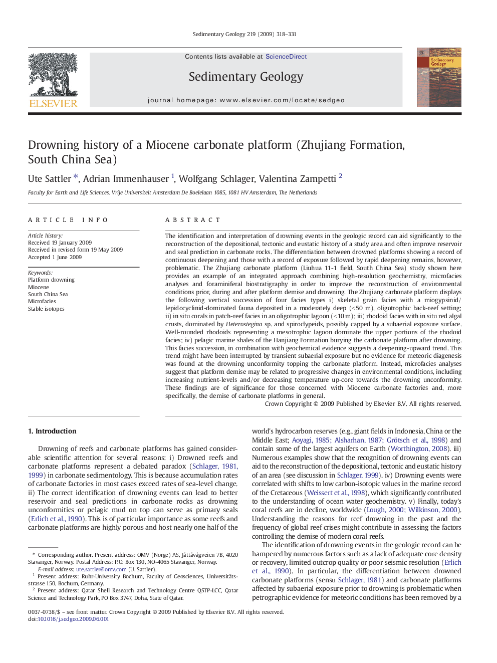 Drowning history of a Miocene carbonate platform (Zhujiang Formation, South China Sea)