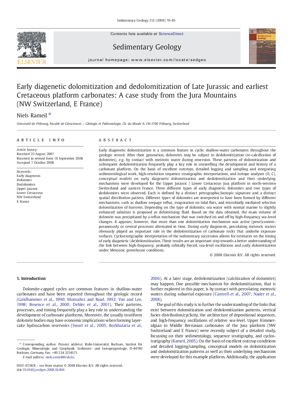 Early diagenetic dolomitization and dedolomitization of Late Jurassic and earliest Cretaceous platform carbonates: A case study from the Jura Mountains (NW Switzerland, E France)