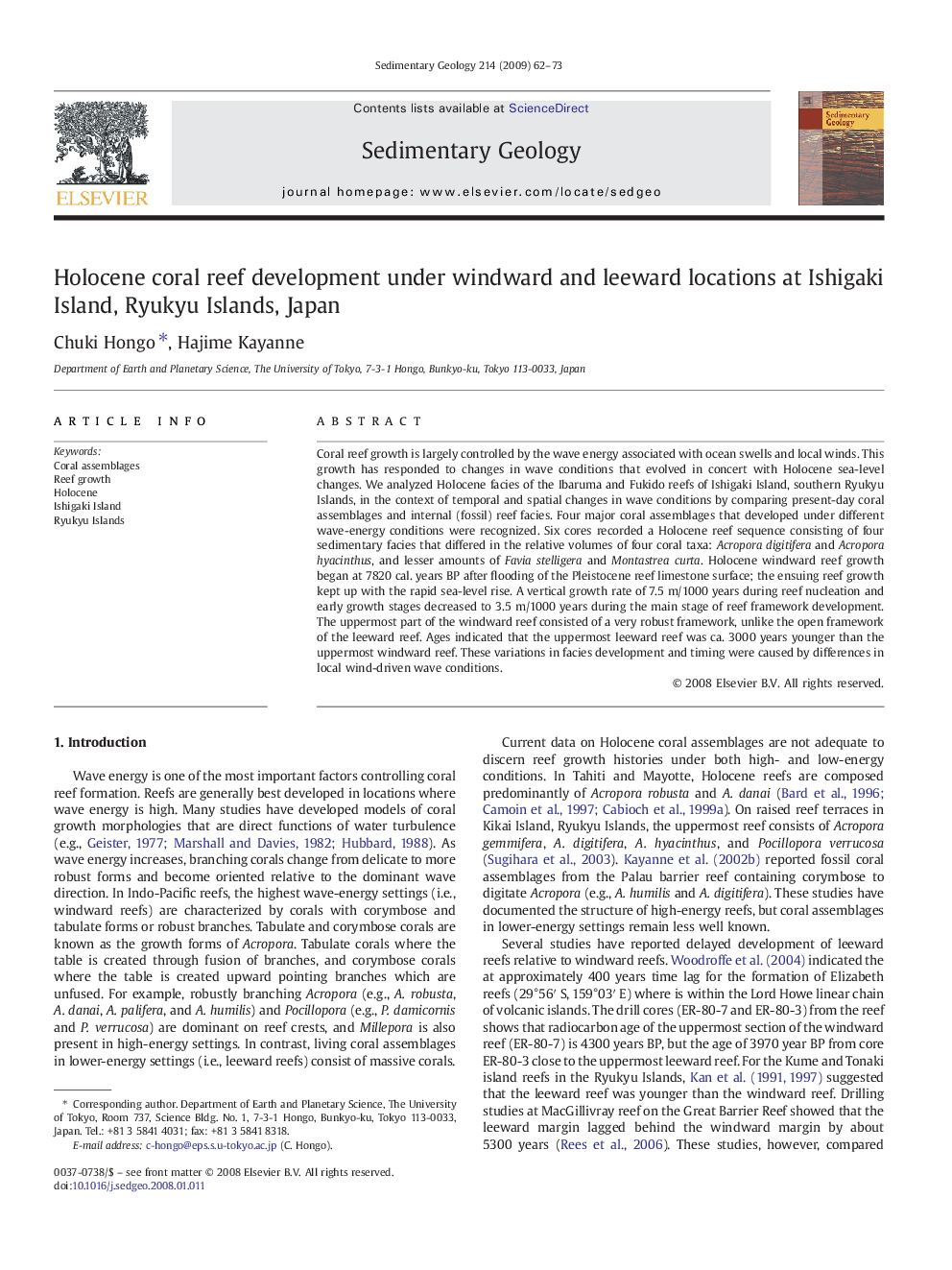 Holocene coral reef development under windward and leeward locations at Ishigaki Island, Ryukyu Islands, Japan