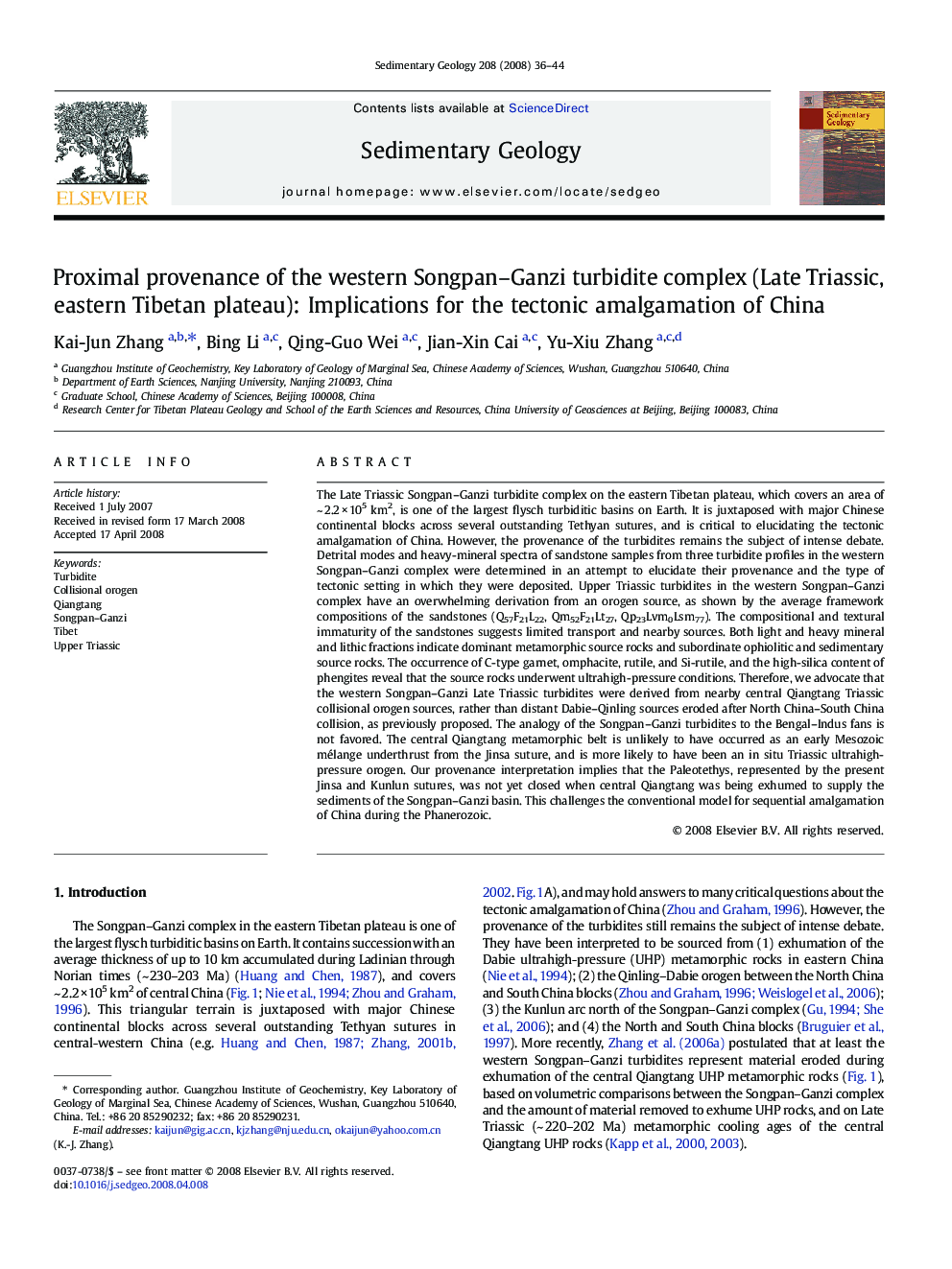 Proximal provenance of the western Songpan–Ganzi turbidite complex (Late Triassic, eastern Tibetan plateau): Implications for the tectonic amalgamation of China