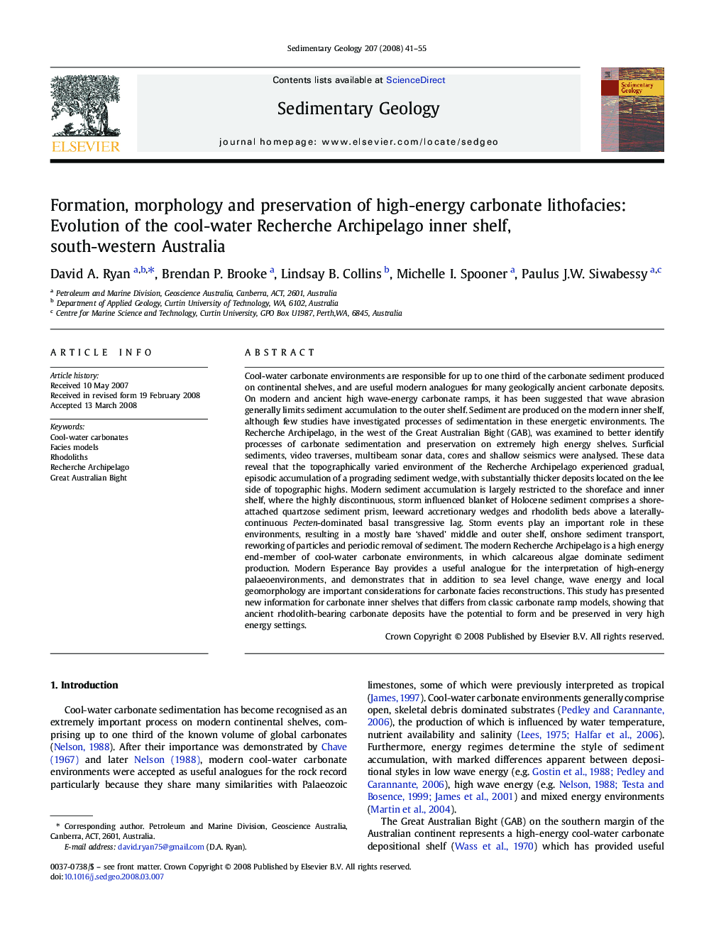 Formation, morphology and preservation of high-energy carbonate lithofacies: Evolution of the cool-water Recherche Archipelago inner shelf, south-western Australia