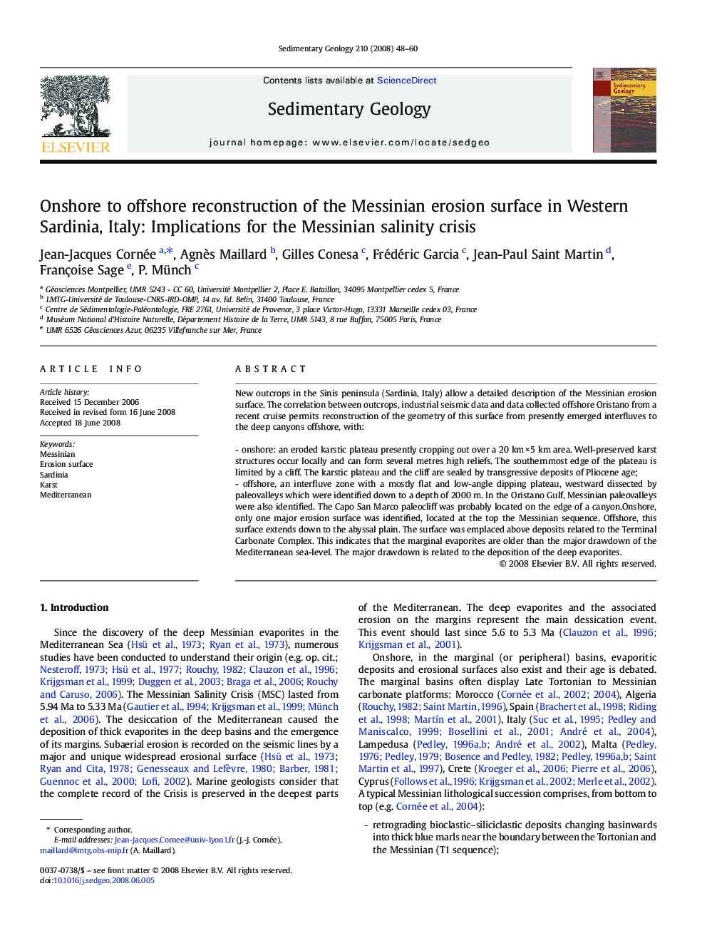 Onshore to offshore reconstruction of the Messinian erosion surface in Western Sardinia, Italy: Implications for the Messinian salinity crisis