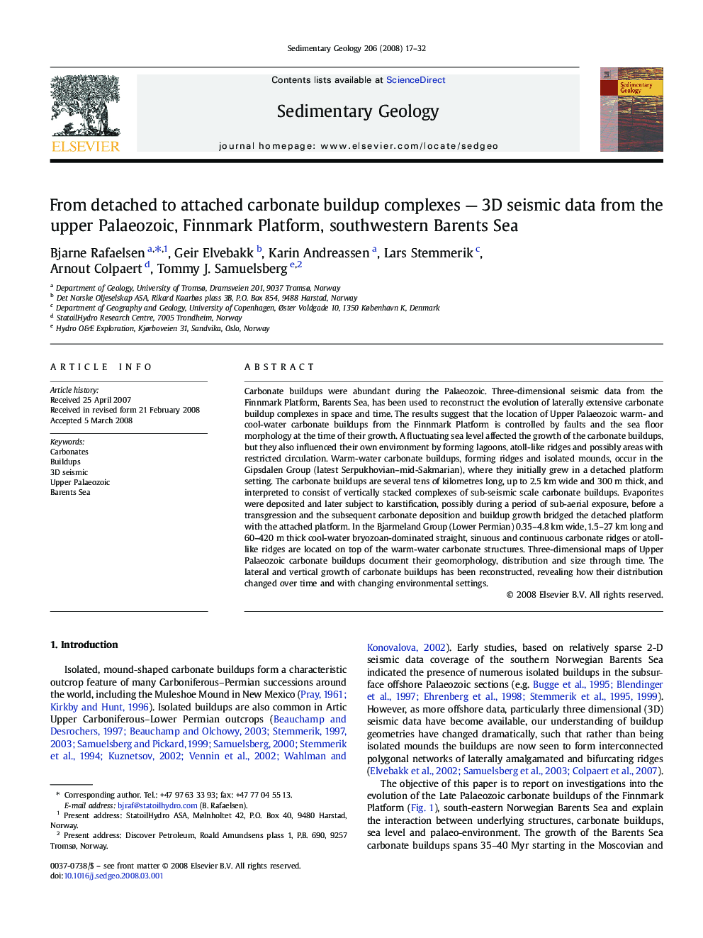 From detached to attached carbonate buildup complexes - 3D seismic data from the upper Palaeozoic, Finnmark Platform, southwestern Barents Sea