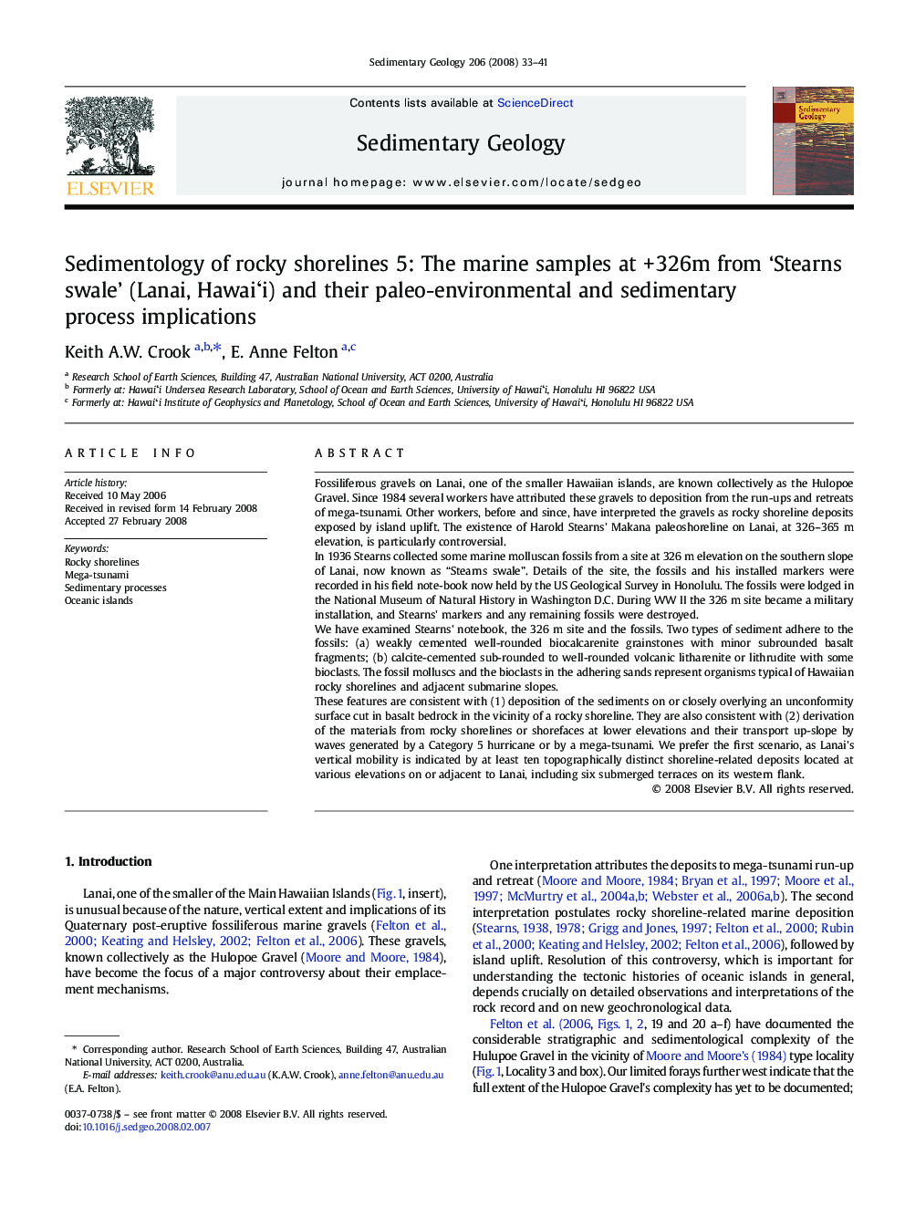 Sedimentology of rocky shorelines 5: The marine samples at +Â 326m from 'Stearns swale' (Lanai, HawaiÊ»i) and their paleo-environmental and sedimentary process implications