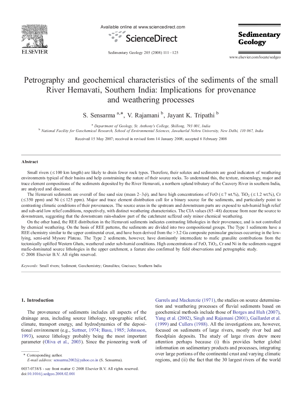 Petrography and geochemical characteristics of the sediments of the small River Hemavati, Southern India: Implications for provenance and weathering processes