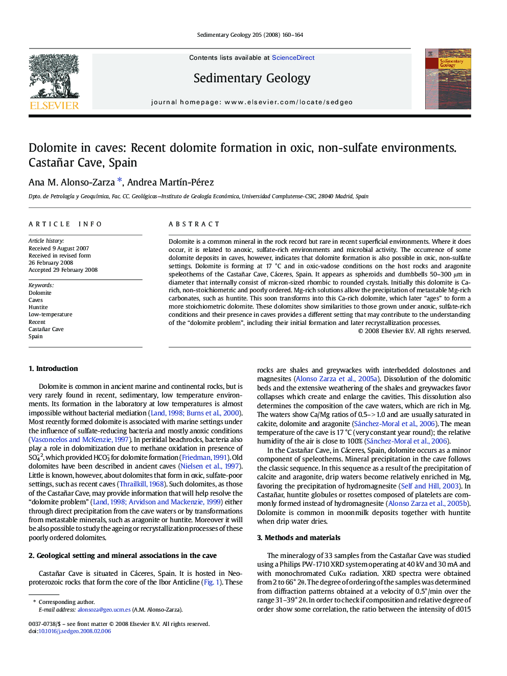 Dolomite in caves: Recent dolomite formation in oxic, non-sulfate environments. Castañar Cave, Spain