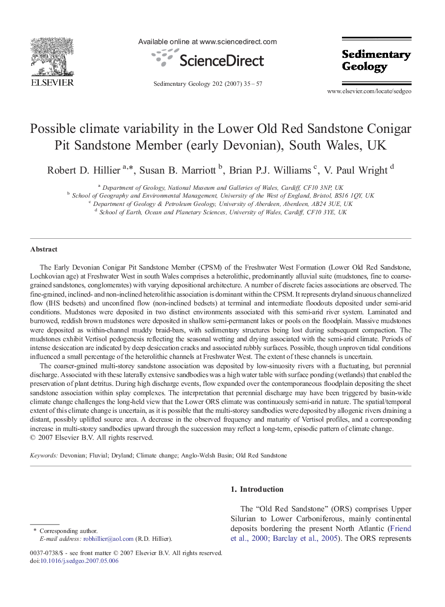 Possible climate variability in the Lower Old Red Sandstone Conigar Pit Sandstone Member (early Devonian), South Wales, UK