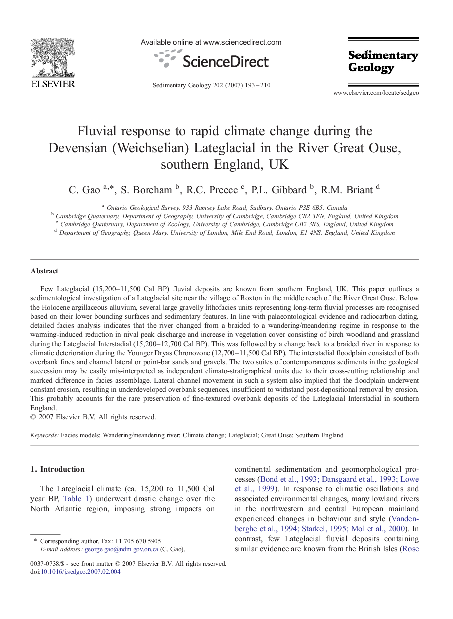 Fluvial response to rapid climate change during the Devensian (Weichselian) Lateglacial in the River Great Ouse, southern England, UK