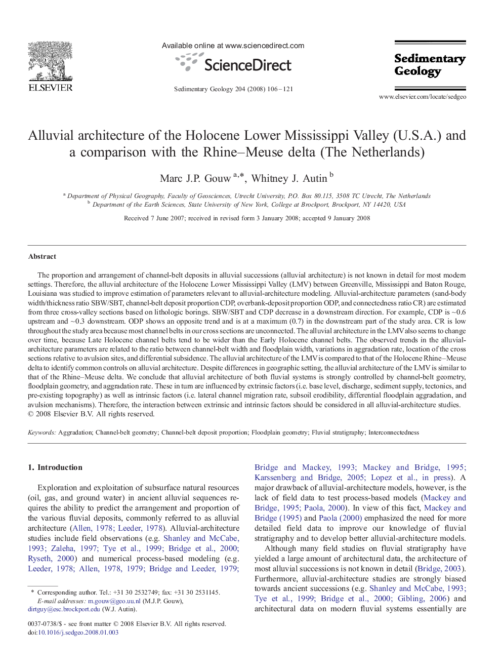 Alluvial architecture of the Holocene Lower Mississippi Valley (U.S.A.) and a comparison with the Rhine–Meuse delta (The Netherlands)