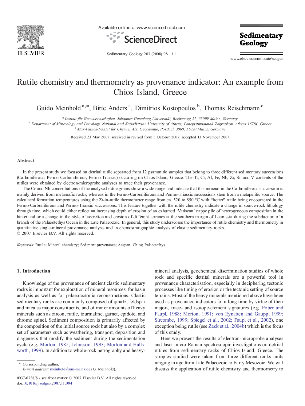 Rutile chemistry and thermometry as provenance indicator: An example from Chios Island, Greece