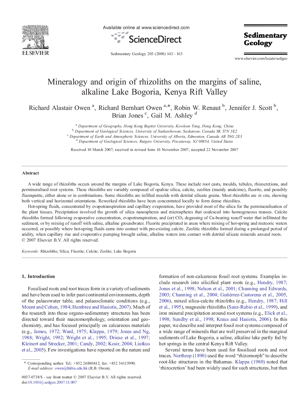 Mineralogy and origin of rhizoliths on the margins of saline, alkaline Lake Bogoria, Kenya Rift Valley