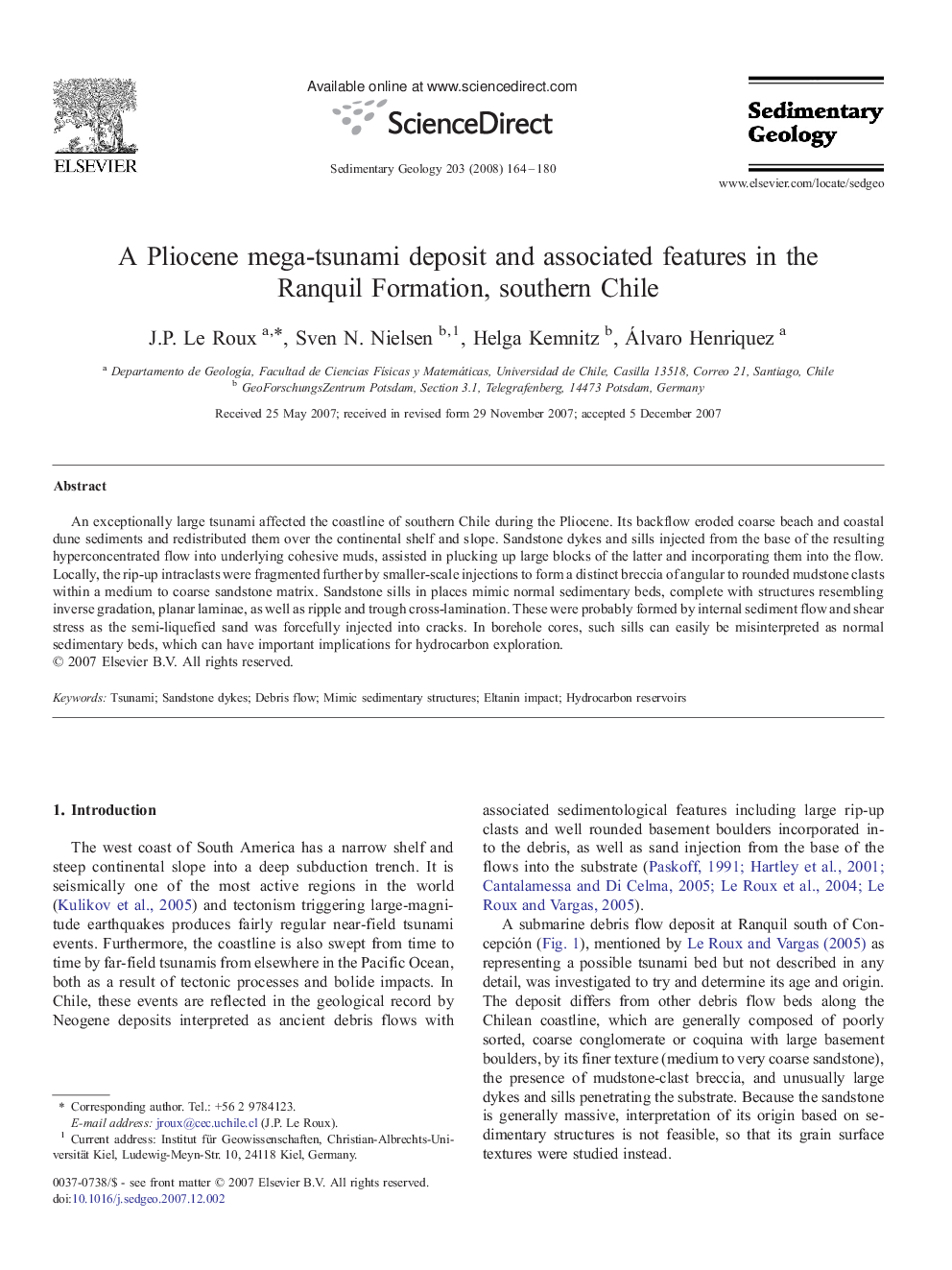 A Pliocene mega-tsunami deposit and associated features in the Ranquil Formation, southern Chile