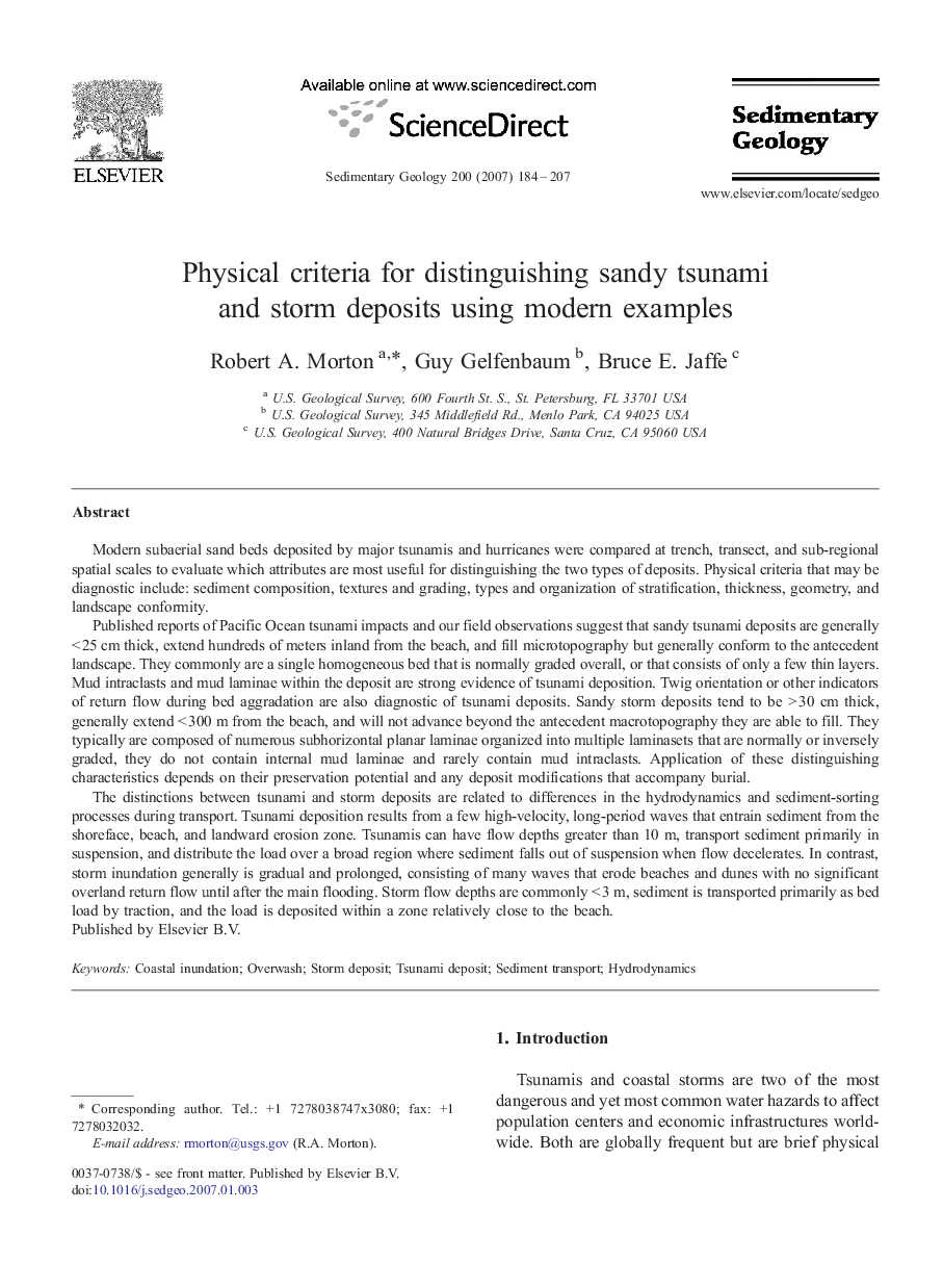 Physical criteria for distinguishing sandy tsunami and storm deposits using modern examples