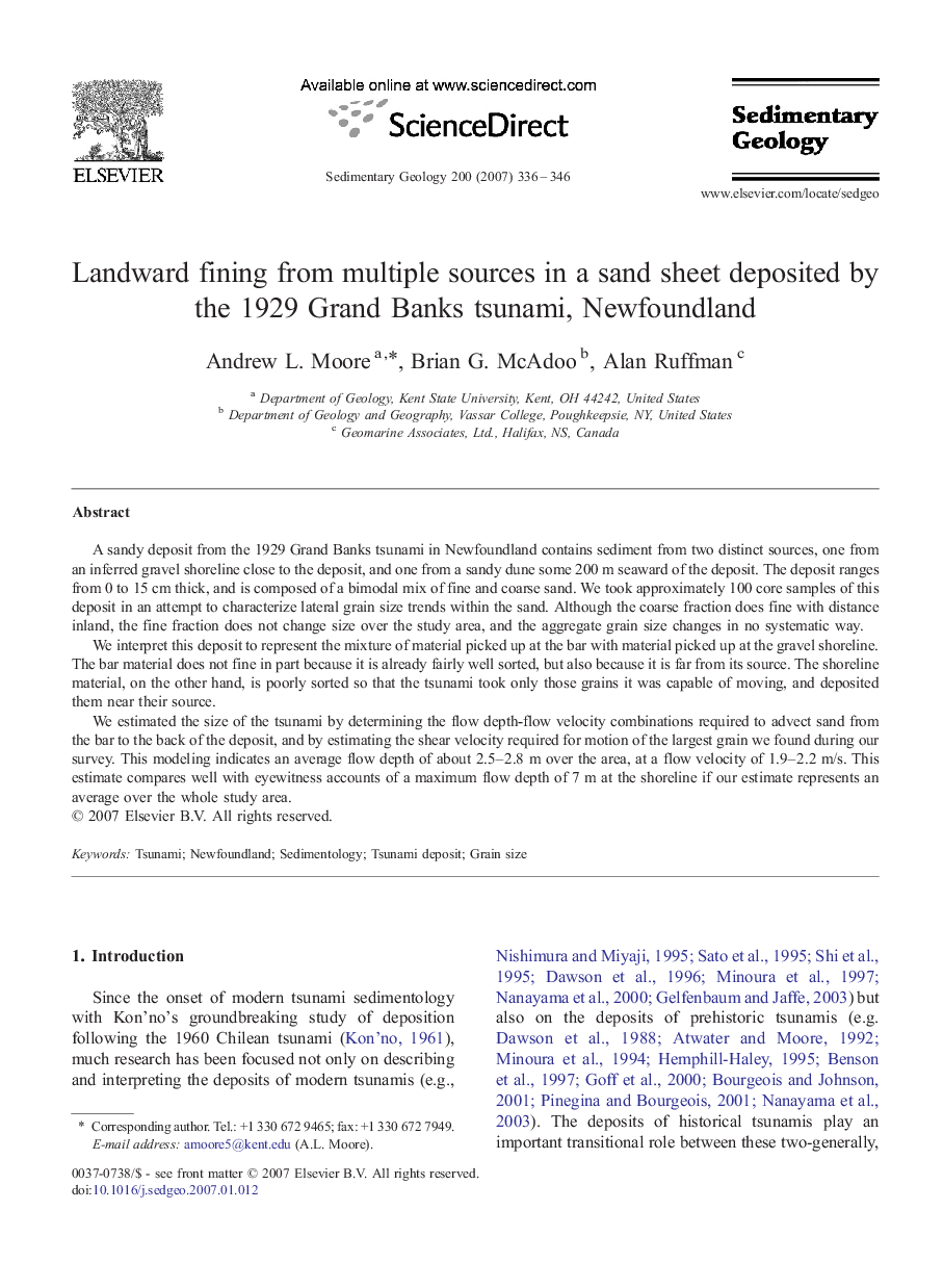 Landward fining from multiple sources in a sand sheet deposited by the 1929 Grand Banks tsunami, Newfoundland