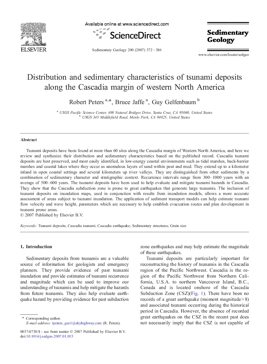 Distribution and sedimentary characteristics of tsunami deposits along the Cascadia margin of western North America