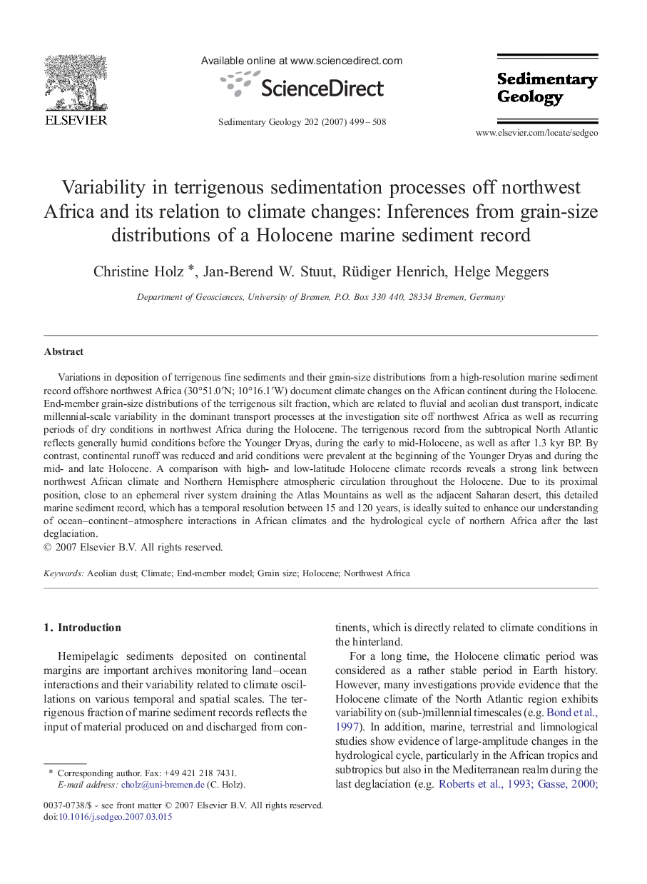 Variability in terrigenous sedimentation processes off northwest Africa and its relation to climate changes: Inferences from grain-size distributions of a Holocene marine sediment record