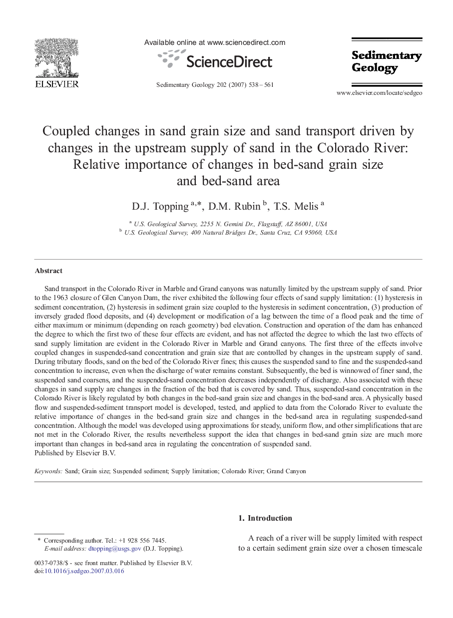 Coupled changes in sand grain size and sand transport driven by changes in the upstream supply of sand in the Colorado River: Relative importance of changes in bed-sand grain size and bed-sand area