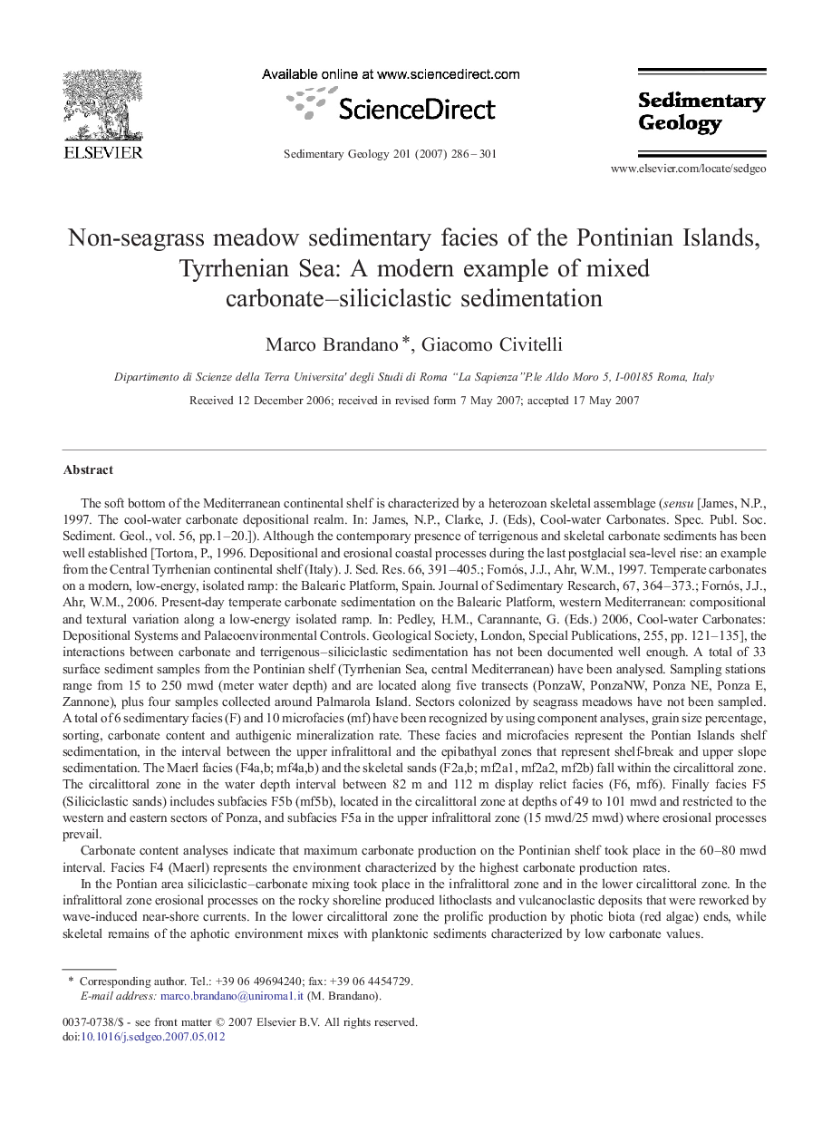 Non-seagrass meadow sedimentary facies of the Pontinian Islands, Tyrrhenian Sea: A modern example of mixed carbonate–siliciclastic sedimentation