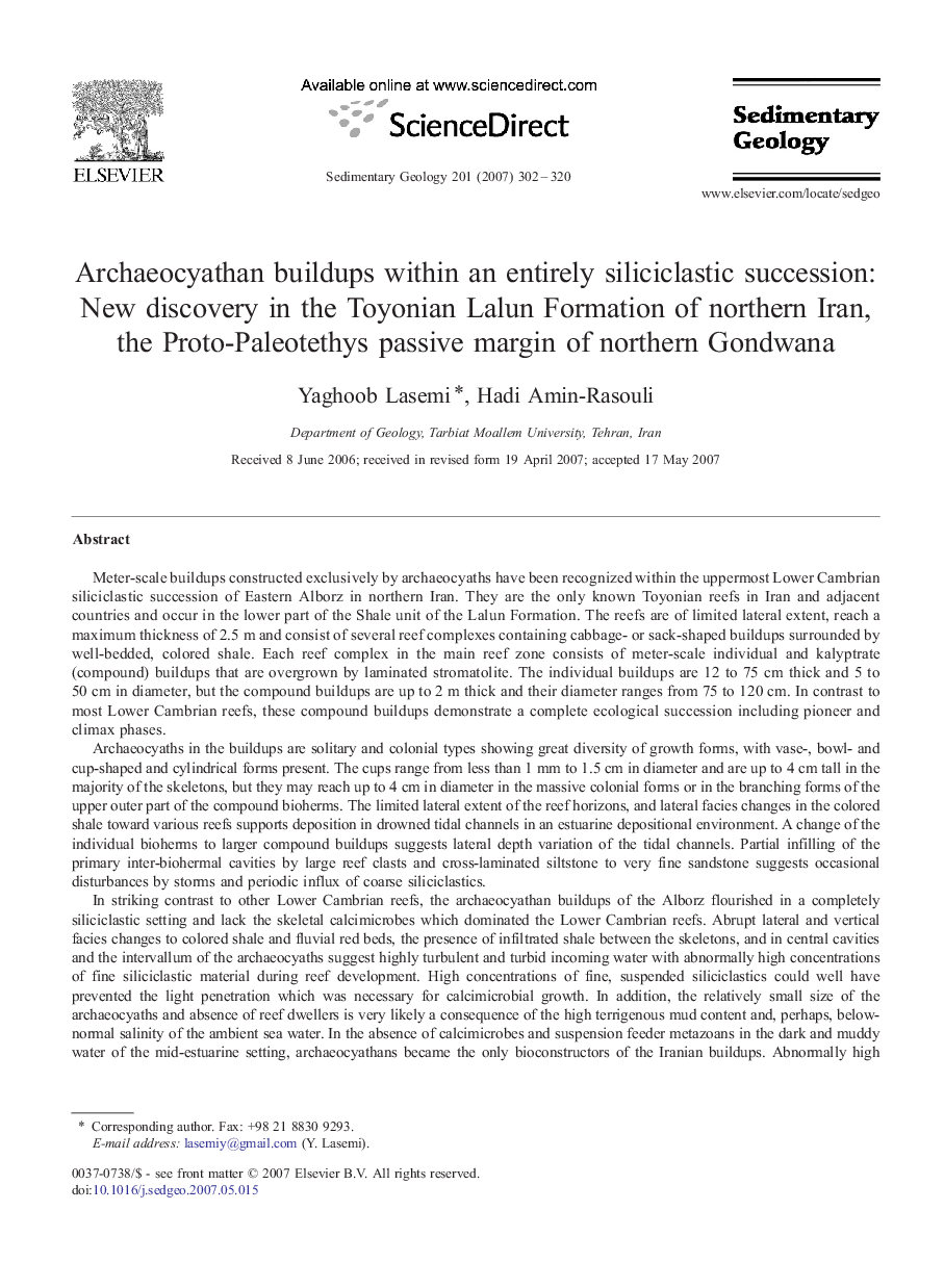 Archaeocyathan buildups within an entirely siliciclastic succession: New discovery in the Toyonian Lalun Formation of northern Iran, the Proto-Paleotethys passive margin of northern Gondwana